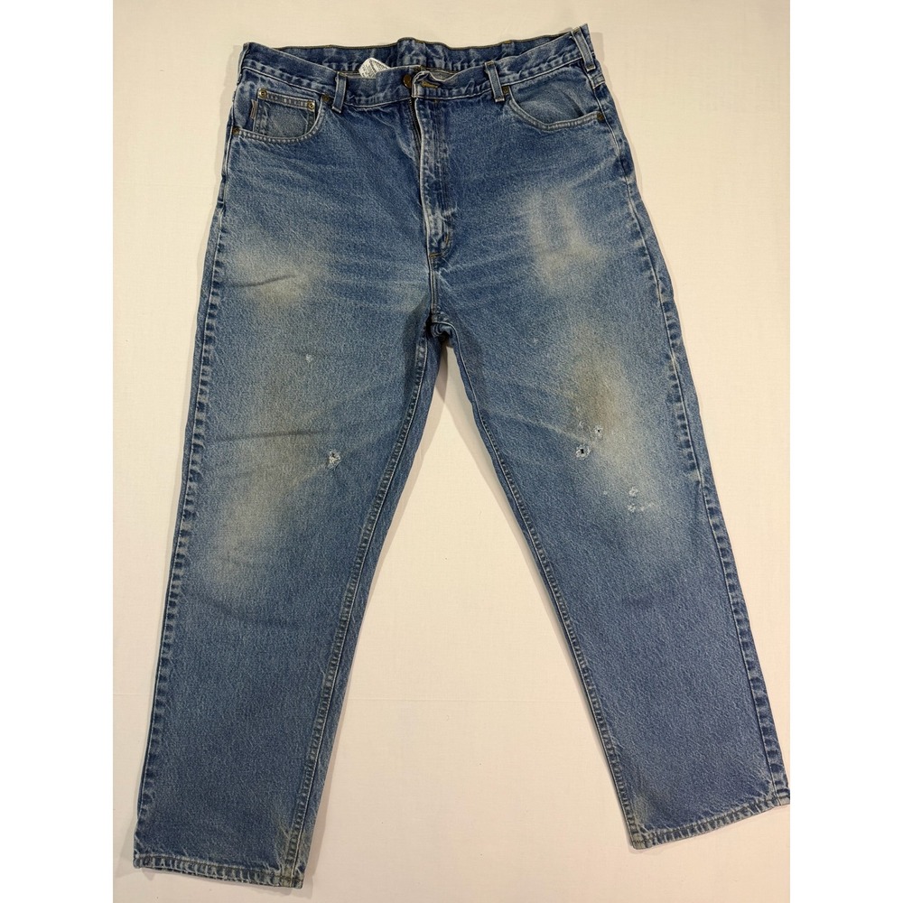 Vintage Carhartt Relaxed Fit Denim Work Jeans Dark Stone B160 DST 42x32 USA Made